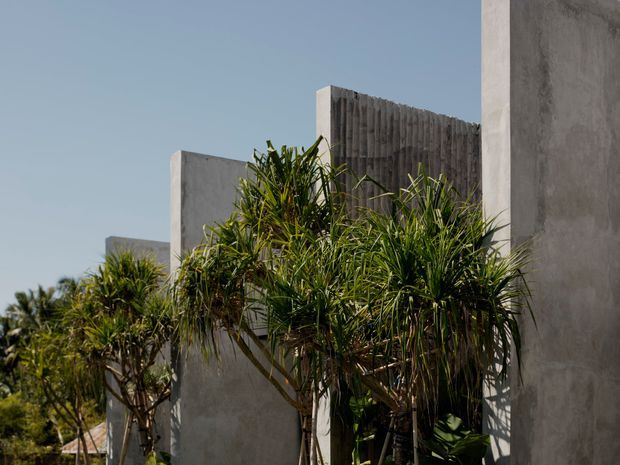 Exterior architectural detail showing a series of tall raw concrete or rendered masonry walls and vertical textured screening, partially concealed by dense tropical planting. The composition has a sculptural, minimalist character with strong vertical planes and warm natural light.