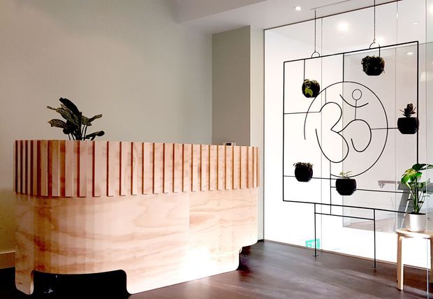 A contemporary reception or entry area featuring a sculptural pale timber reception desk with vertical slatted detailing, dark timber flooring, muted grey-green walls, and a large black metal-framed glass partition. Hanging and potted plants add greenery, while a minimalist circular graphic is applied to the glass.