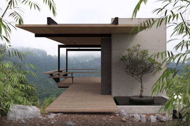A minimalist modern pavilion or house extension set into a lush, misty hillside landscape. The structure features a broad flat roof with deep timber eaves, dark slender steel-framed glazing, a warm timber deck and walkway, and a smooth raw concrete wall with a built-in planter and sculptural tree. Dense bamboo-like planting frames the view, while a cantilevered deck overlooks the wooded valley.