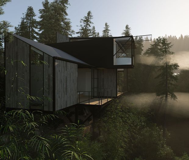 A dark, angular modern house elevated among dense forest vegetation. The building features sharply folded roof planes, black metal framing, vertical dark timber or ribbed cladding, extensive glazing, and a projecting upper-level glazed volume. A deck or balcony extends over the sloping wooded site, with mist filtering through the surrounding trees.