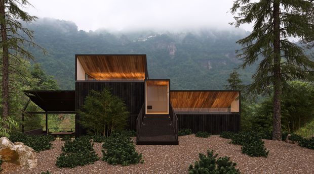 A contemporary dark-clad mountain residence set among dense forest, viewed from the exterior. The composition features several angular, offset volumes with warm timber-lined roof soffits, expansive glazing, and a covered outdoor structure. A gravel forecourt with low planting leads toward the entry, while misty, steep forested cliffs form the background.