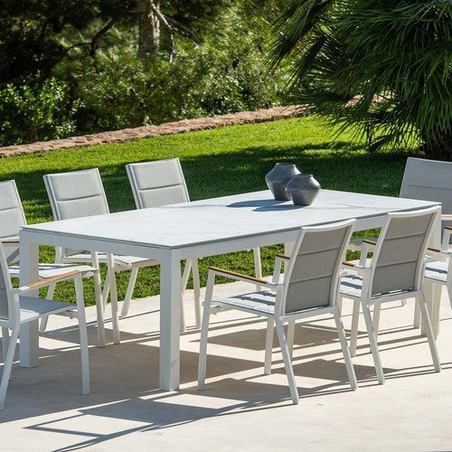 Danli Ceramic Outdoor Table & 8 Sevilla Teak Arm Chairs