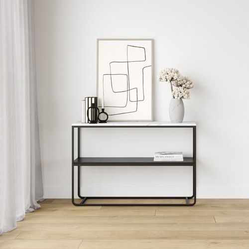 Estoria 120cm White Marble Shelf Console Table | Black