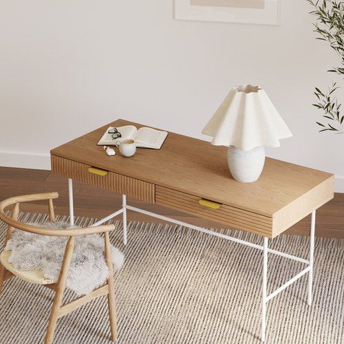 Kina Ripple Slatted Desk | 140cm | Natural Oak & White