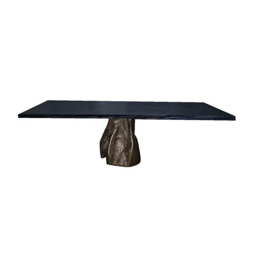 Caeli Burnt Suar Wood Dining table with Natural Edge and Gold Teak Root Base