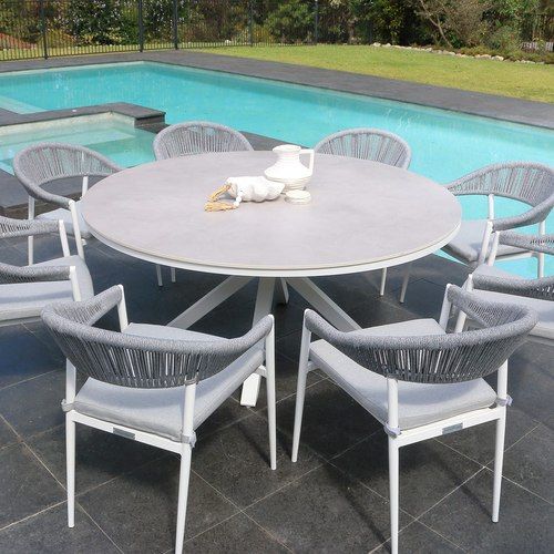Adele Round Ceramic Table With Nivala Chairs 9pc Outdoor Dining Setting