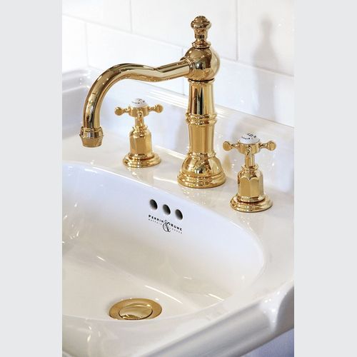 Perrin & Rowe - Three hole basin set with country spout and white porcelain levers