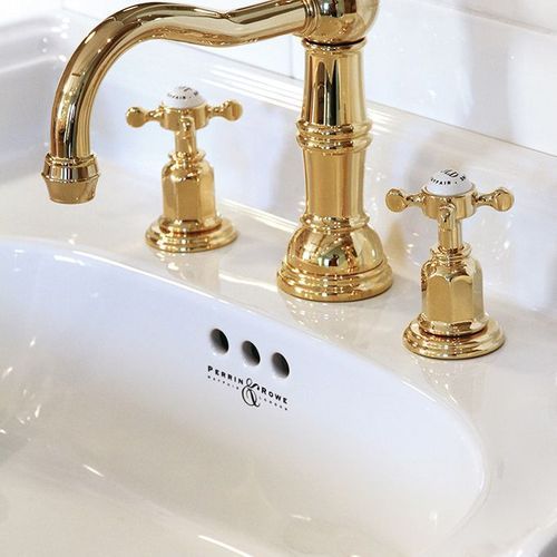 Perrin & Rowe - Three hole basin set with country spout and white porcelain levers