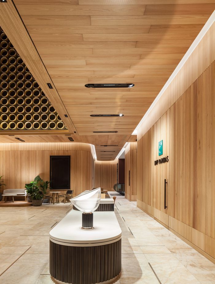 Architectural lighting adds drama to the space.