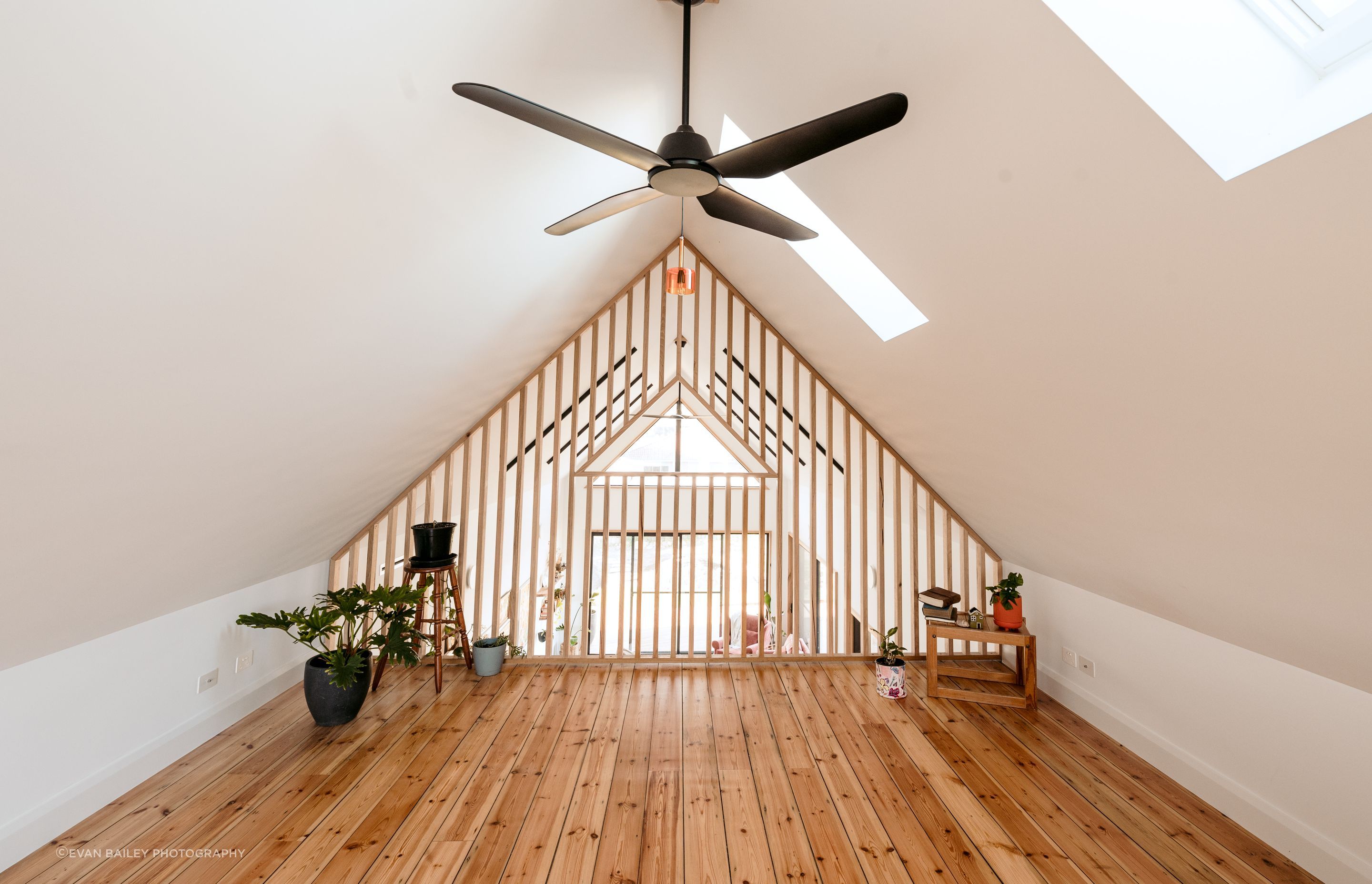 The loft flooring is recycled floorboards from the original asbestos shack on the property.