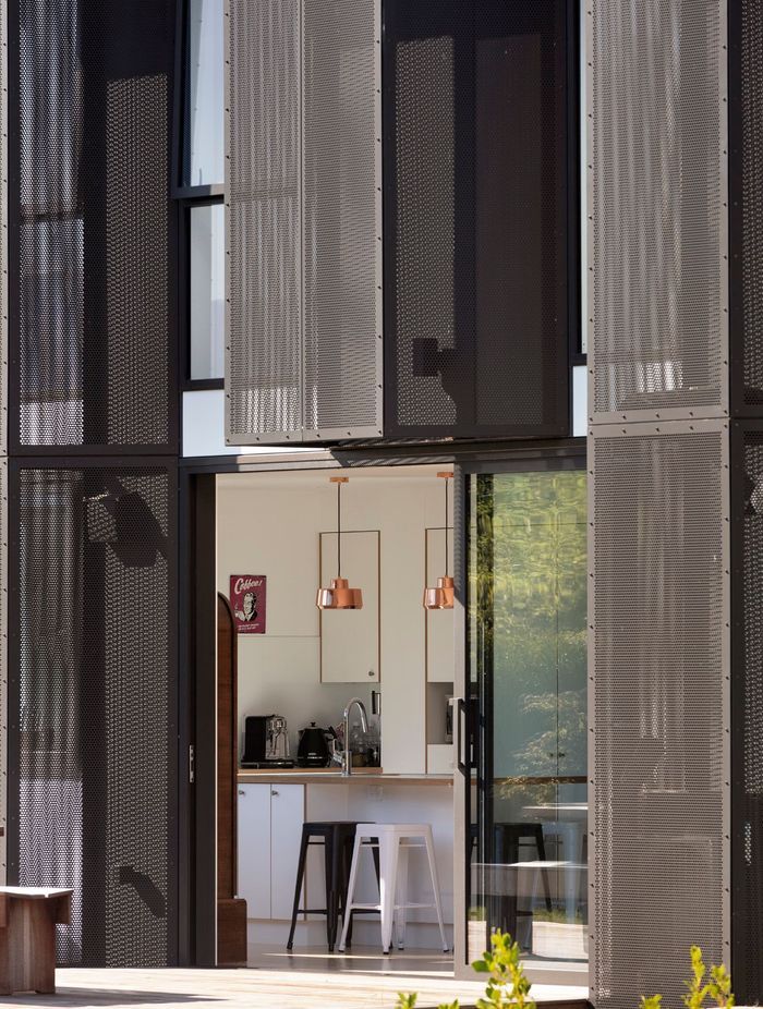 A close-up of the angled mesh screens on Arthurs Point Steel House by Team Green Architects. Photograph by Sam Hartnett.