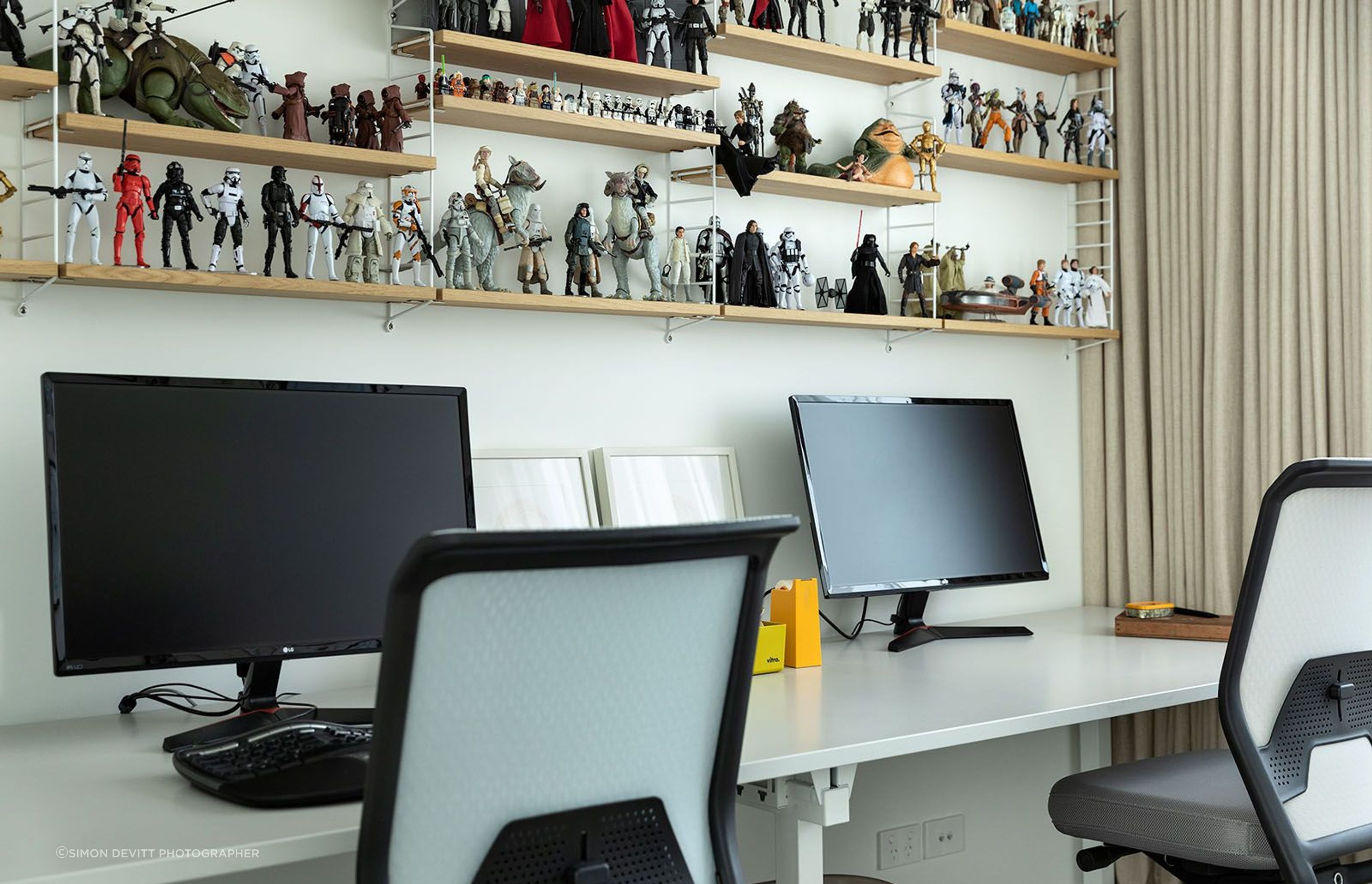 Working from home has never seemed so good. Dedicated work spaces add the bonus of being able to individualise your interior decoration with Star Wars figurines – or whatever takes your fancy. Photographs (above and below) by Simon Devitt.