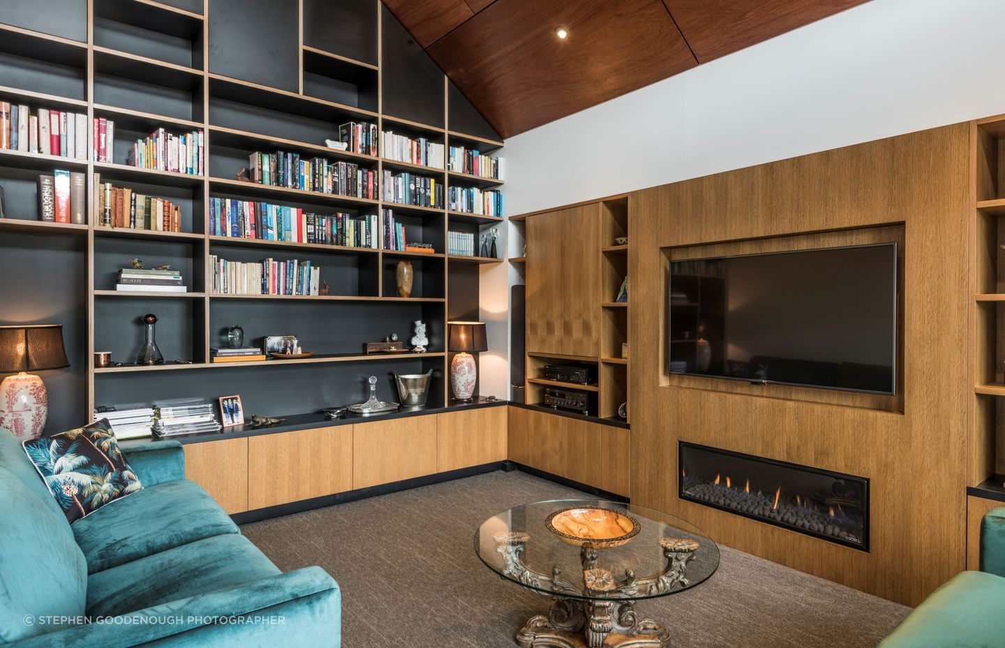The floor-to-ceiling built in cabinetry of the library space is builder Mitch Frost's favourite spot in the house.