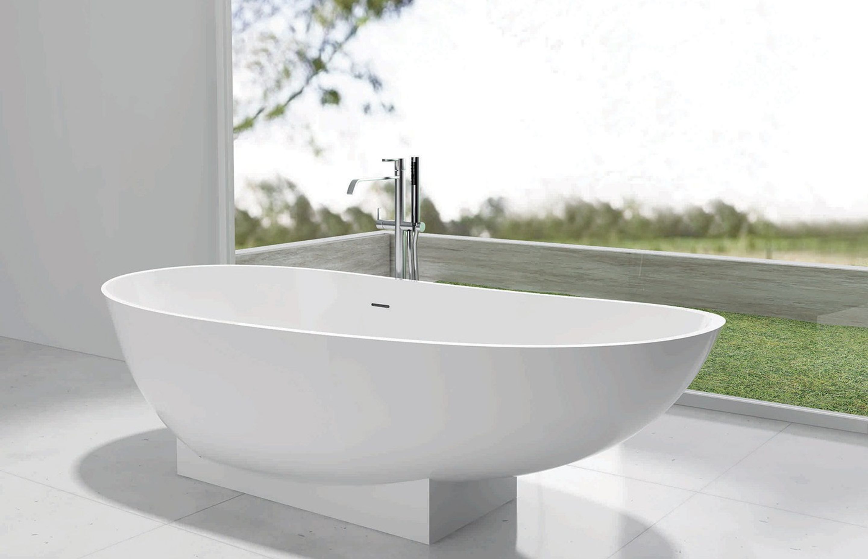 One of the critical factors to consider when designing your bathroom is the placement of the bath. This Perla free-standing bath has been placed directly in the window to make it a feature.