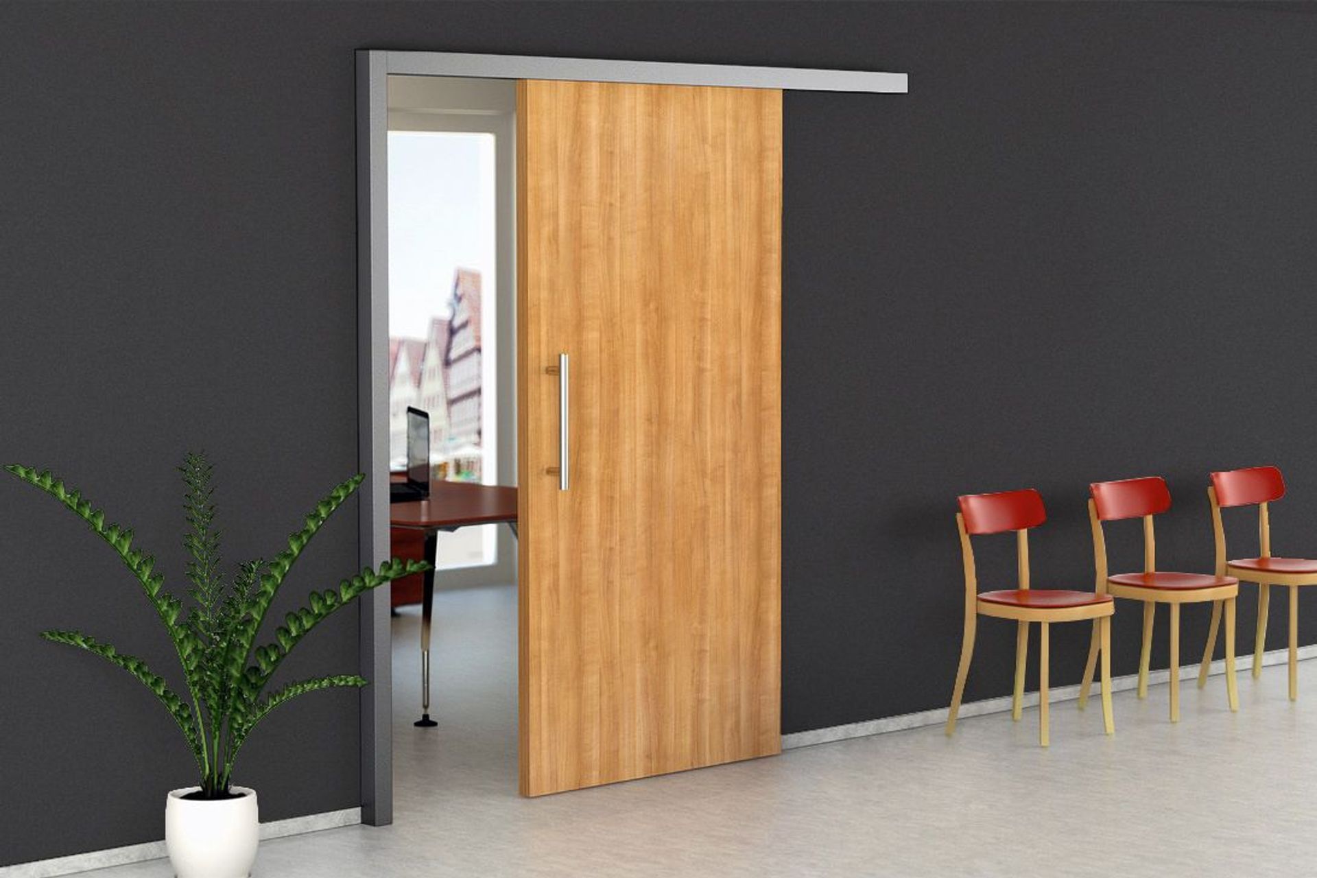 The benefits of offset doors can be enhanced by using soundproof models, like this soundproof sliding door from Hafele.