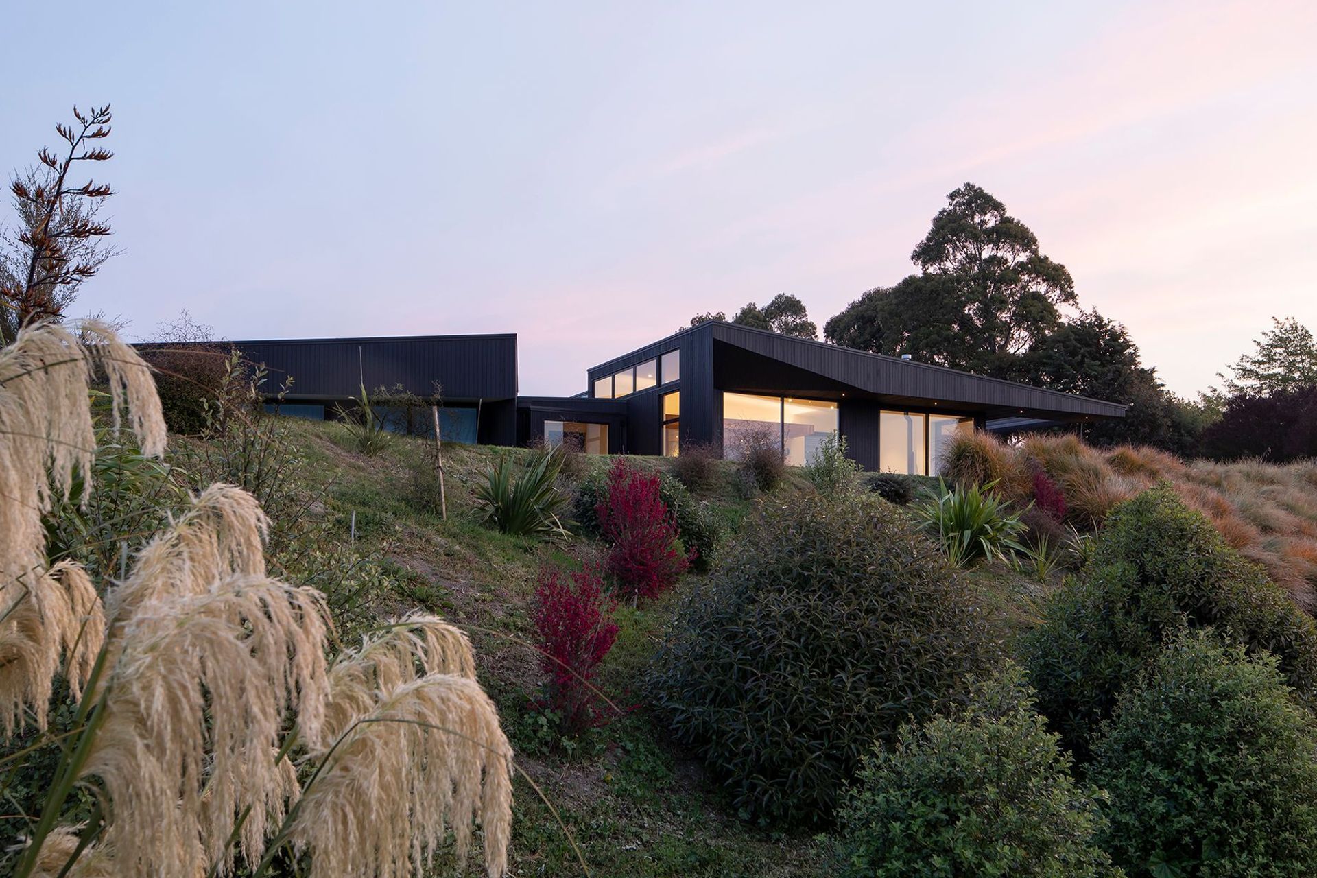 Vineyard House is a simple, sculptured form that is cranked to face the morning sun.