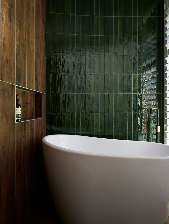 A jade colour scheme for this Japanese-inspired bathroom in Church Point.