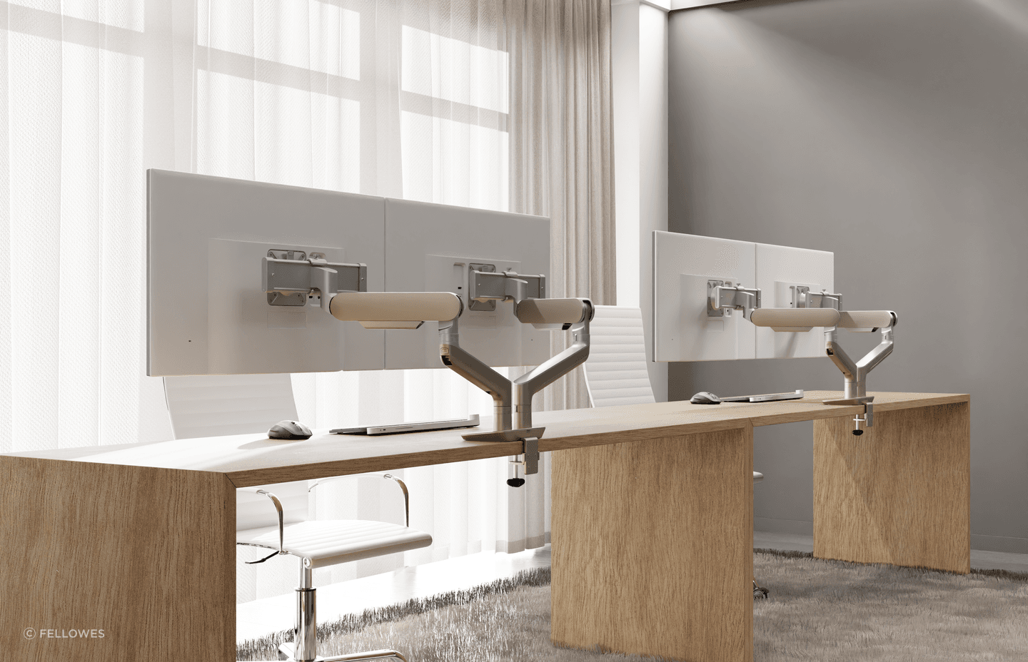 Fellowes’ Rising Monitor Arms improves efficiency and workflow by enhancing ergonomic comfort and optimising desk space.