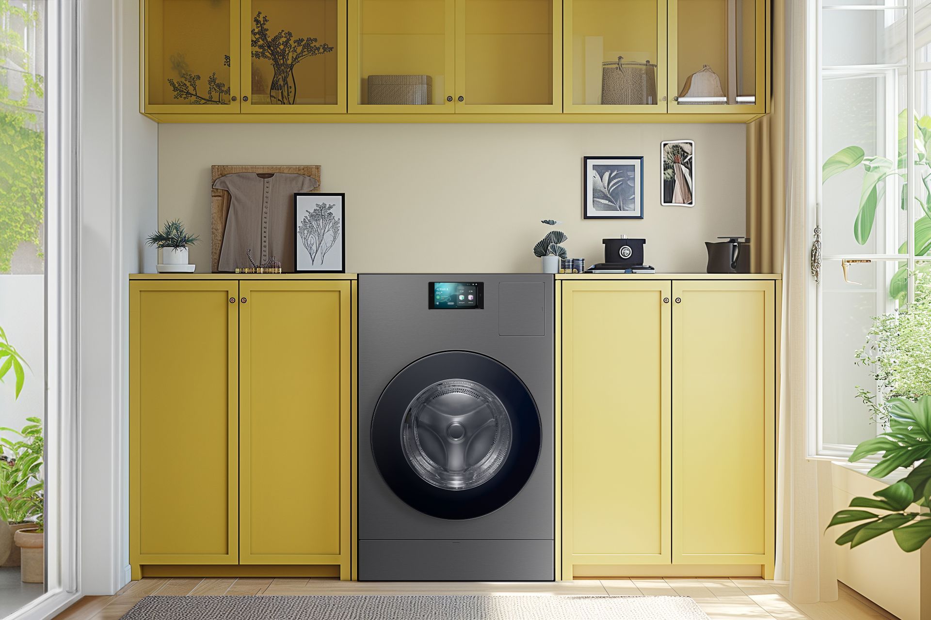The 18kg capacity drum is the largest in its class and the elevated, modern design with signature Samsung bespoke details, including a flat panel glass door and dark steel finish brings style to any laundry space.