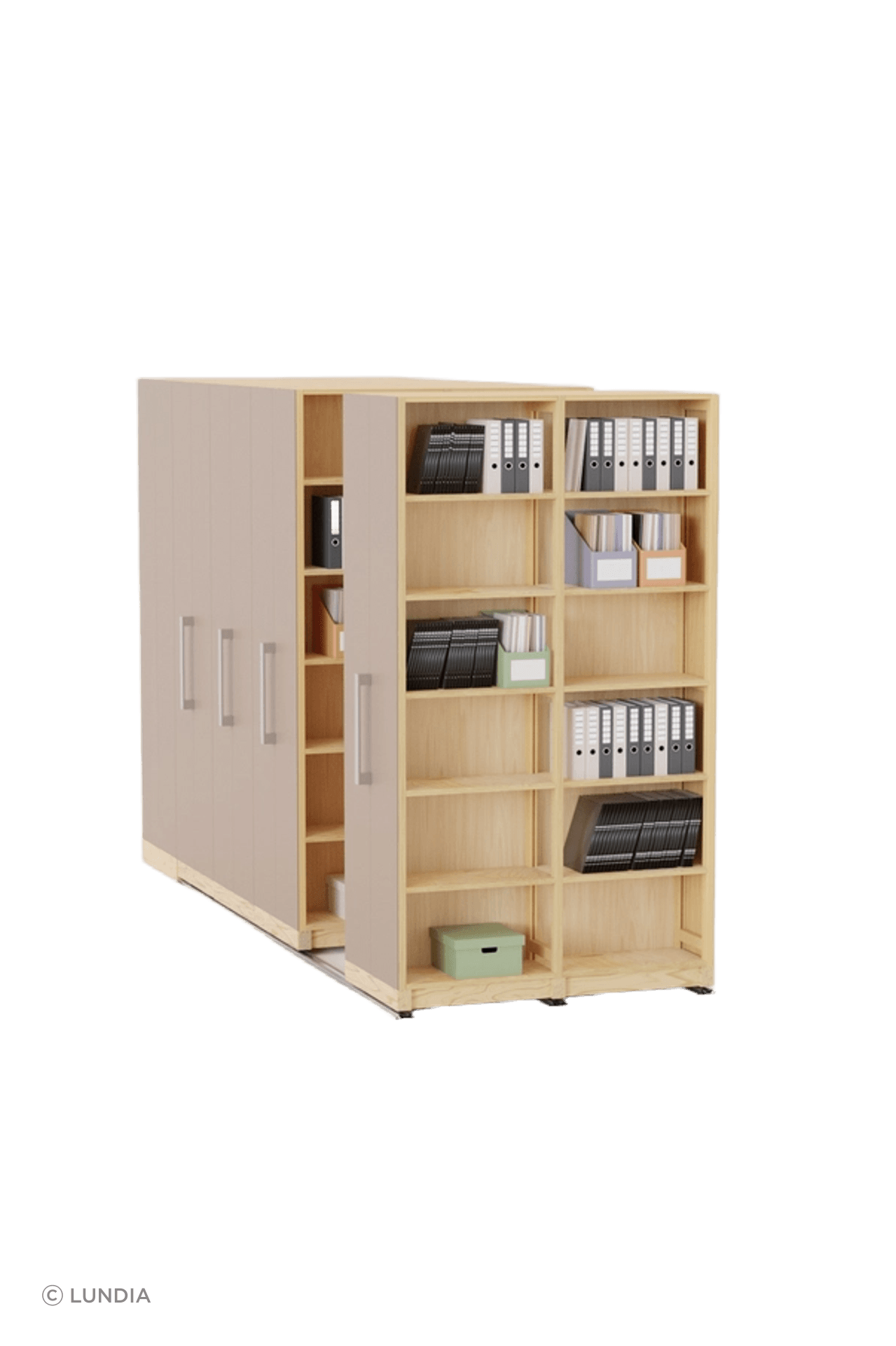 Lundia's  bespoke Mobile Shelving Systems are made from FSC-certified pine, tailored to meet your specific needs.