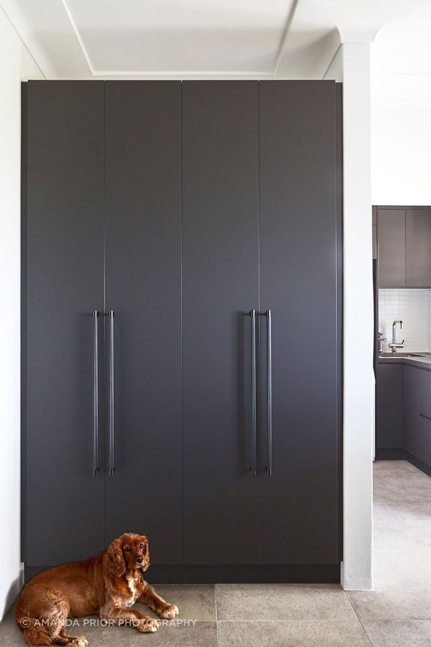 striking black cabinetry continues into the utility areas.