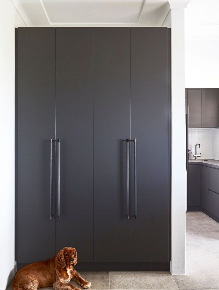 striking black cabinetry continues into the utility areas.
