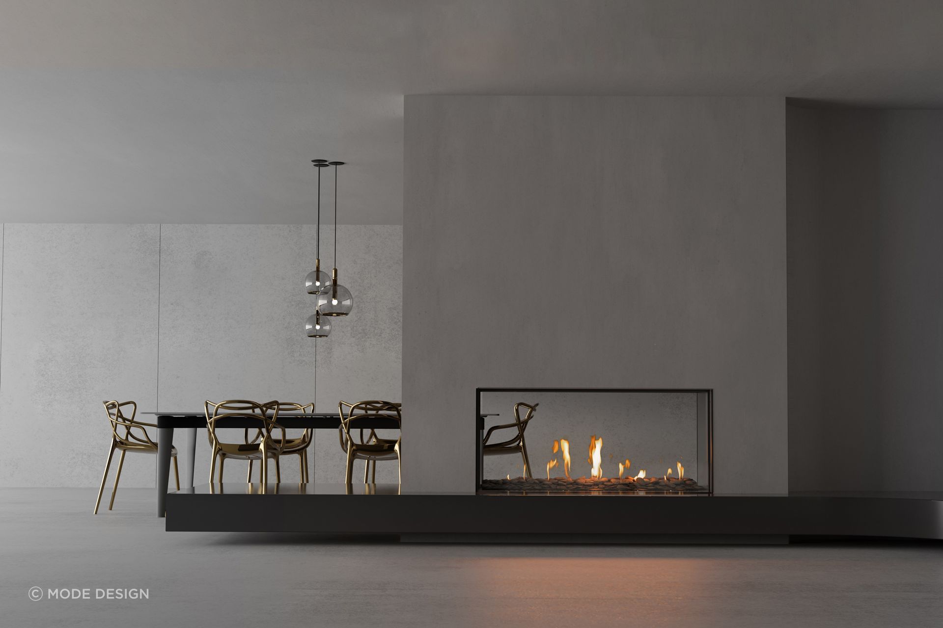 MODE's double-sided fireplace presents a fascinating flame experience that delights and disarms you.