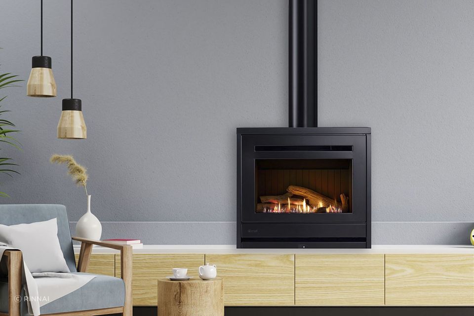 Rinnai freestanding gas fireplace is ideal for keeping warm during winter months.