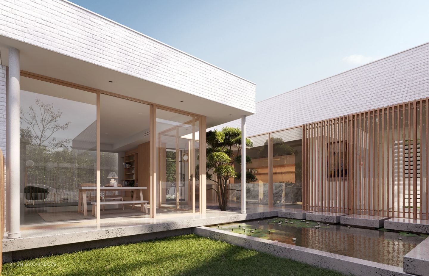 Open views of the courtyard harmoniously include elements of nature into the home