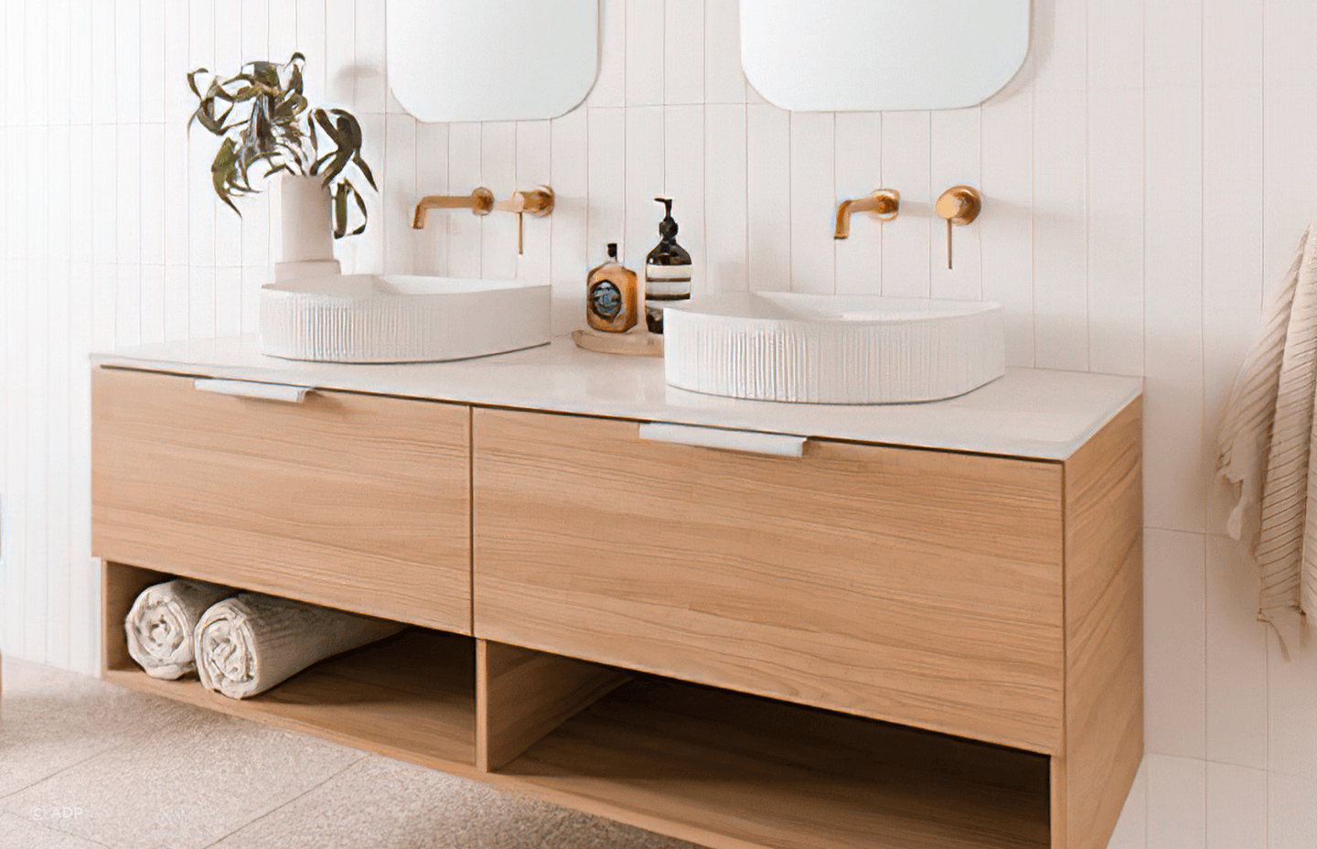 Double vanity options like the Glacier Full Depth Shelf Vanity offer twice the space and twice the fun