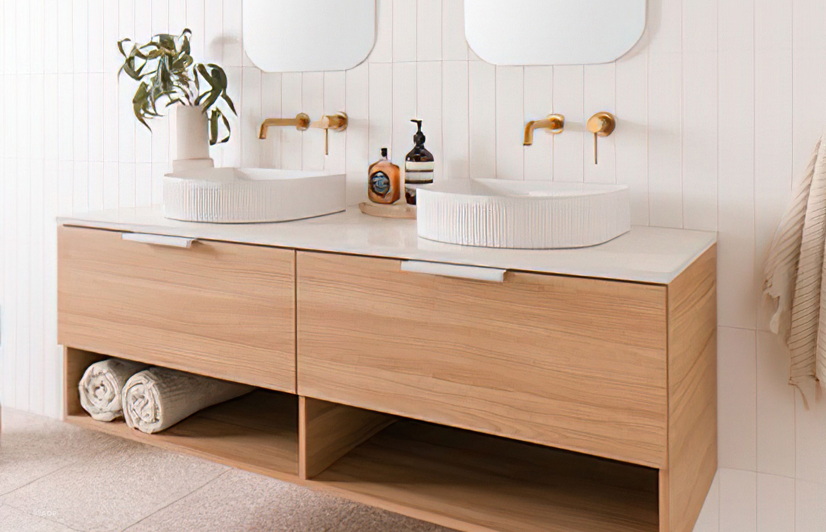 Double vanity options like the Glacier Full Depth Shelf Vanity offer twice the space and twice the fun