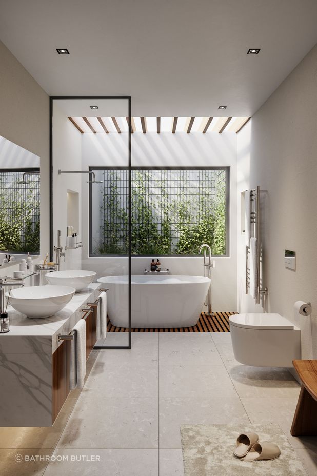 Glass shelves, towel rails, and shower racks keep everyday essentials organised.