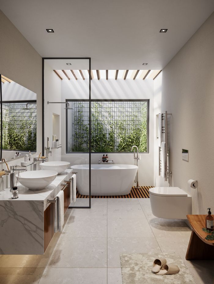 Glass shelves, towel rails, and shower racks keep everyday essentials organised.