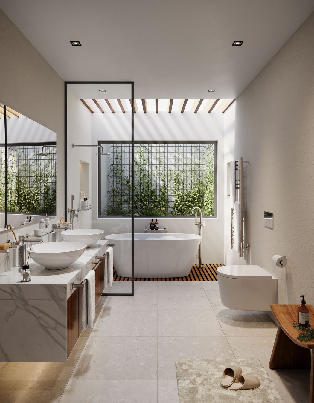 Glass shelves, towel rails, and shower racks keep everyday essentials organised.