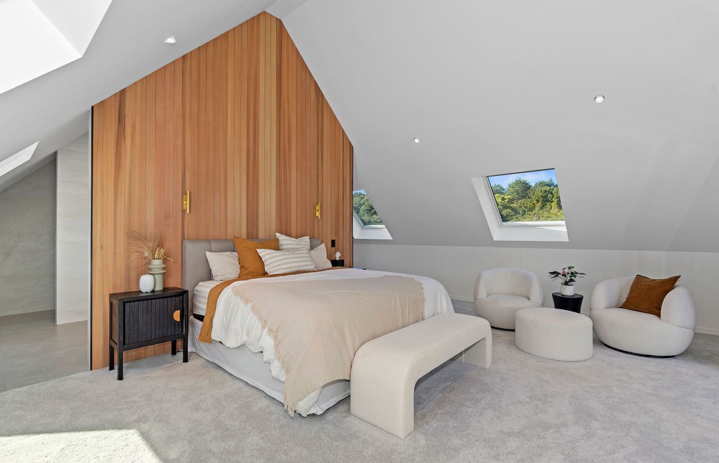 Nic says the design of the master bedroom was inspired by the vernacular of luxury hotel rooms.