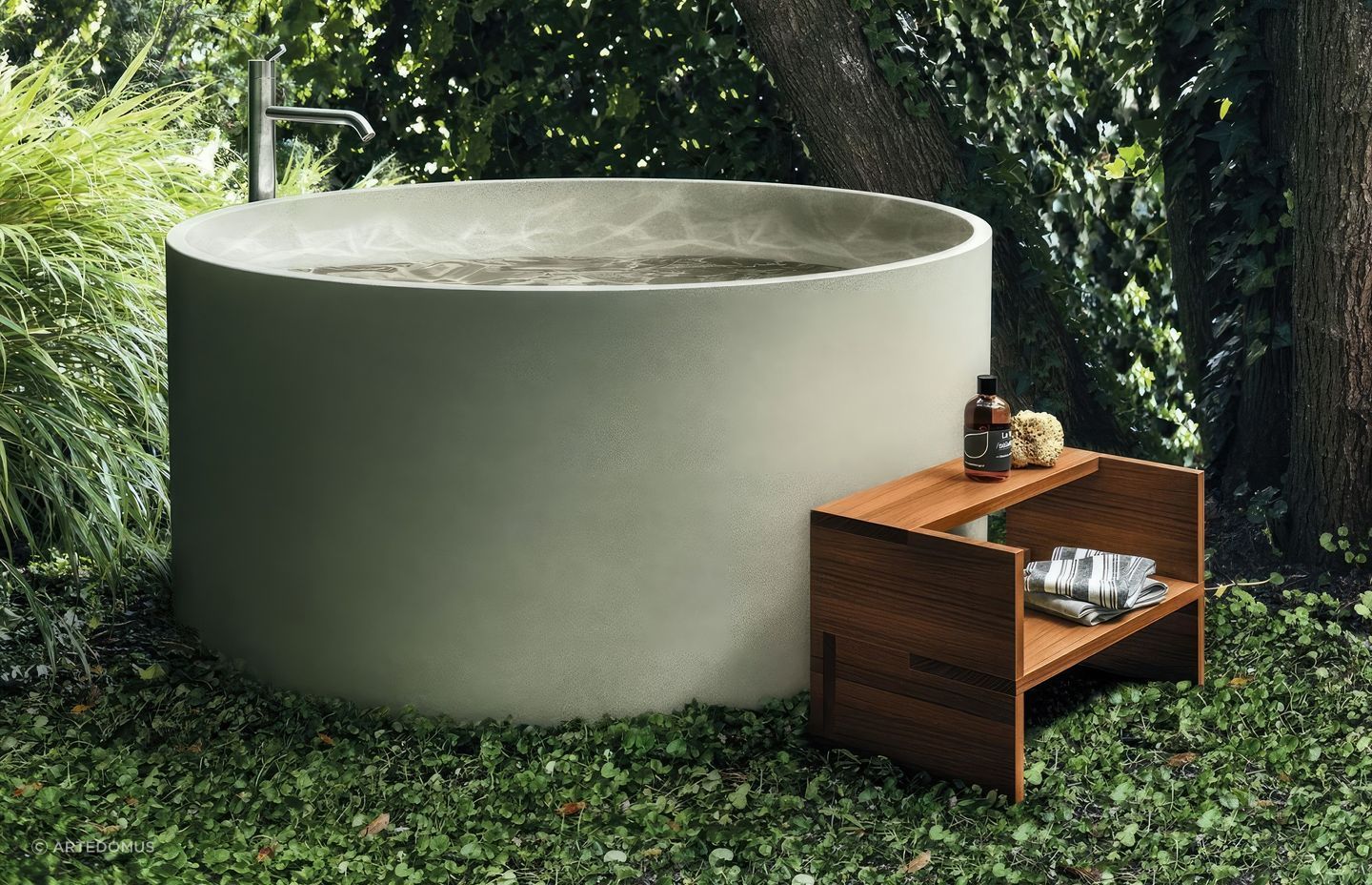 The Agape Cementoskin® In-Out Bathtub looks stunning inside or outside the home.