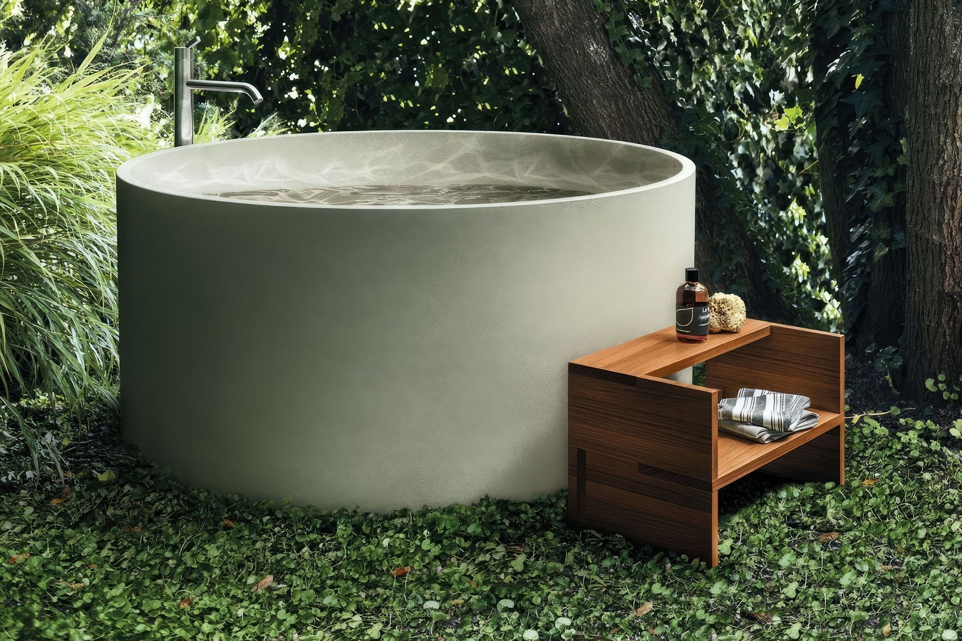 The Agape Cementoskin® In-Out Bathtub looks stunning inside or outside the home.