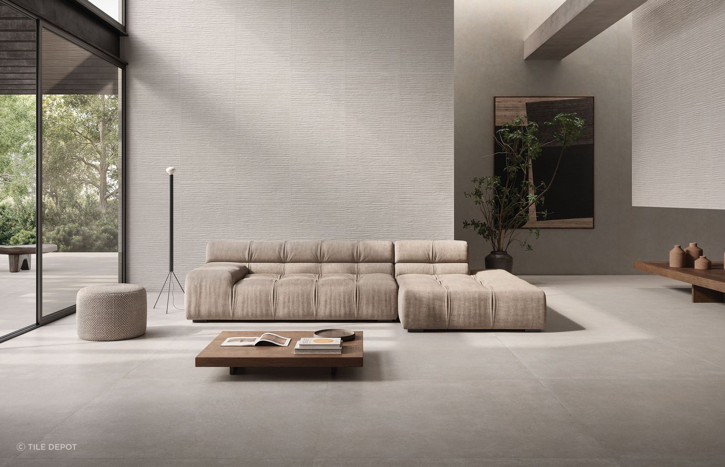 In large formats, cement-like texture on the floor paired with lineal texture on the walls creates contemporary yet tactile space.