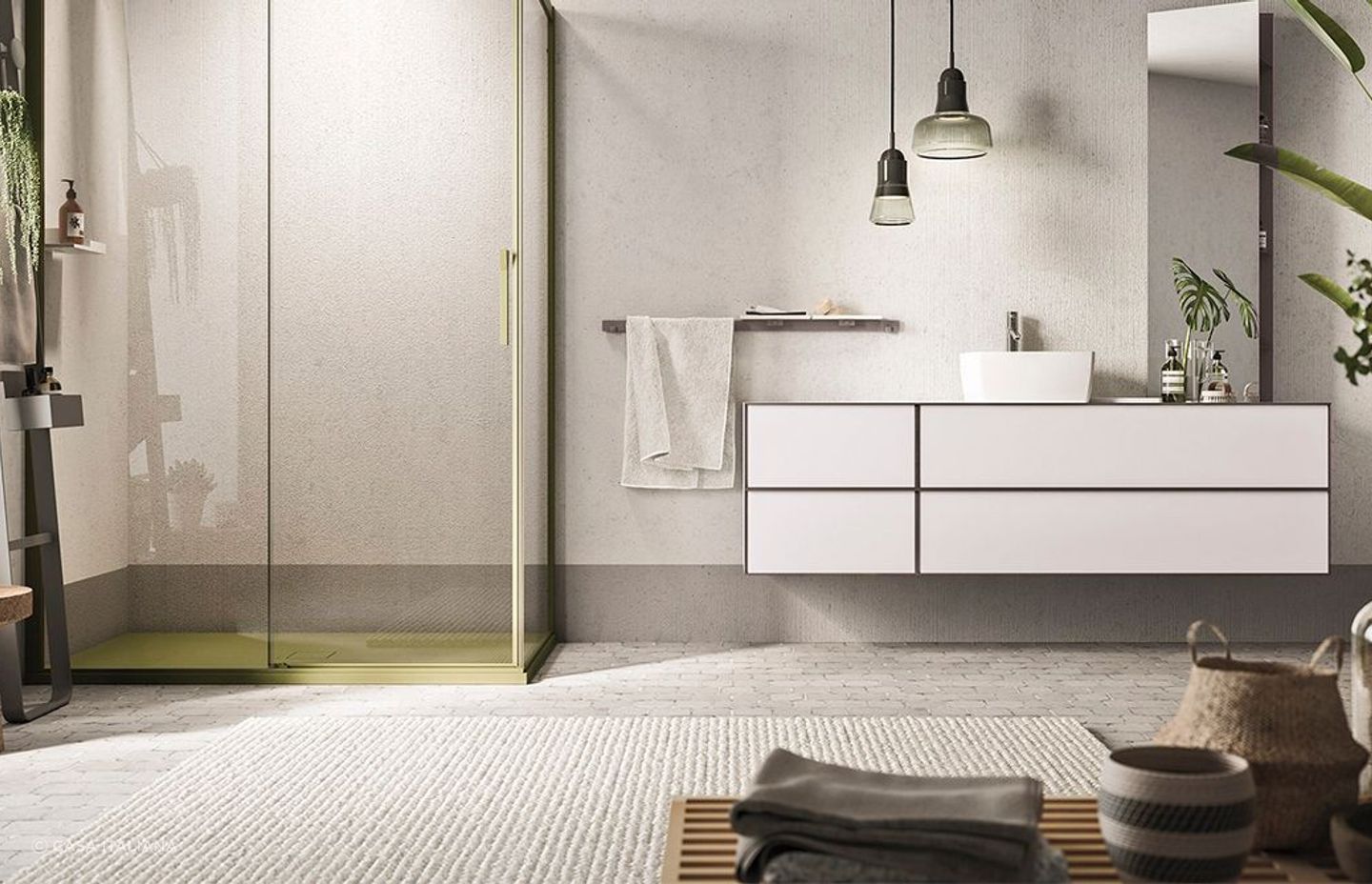 Pendant lights are a great choice above a vanity for bathrooms with high ceilings, seen here with the Dress Wall Hung Vanity by Artesi