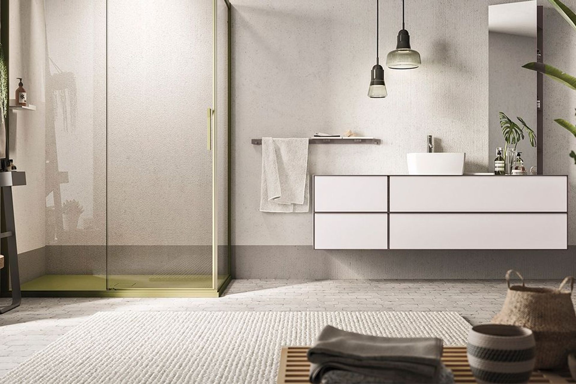 Pendant lights are a great choice above a vanity for bathrooms with high ceilings, seen here with the Dress Wall Hung Vanity by Artesi