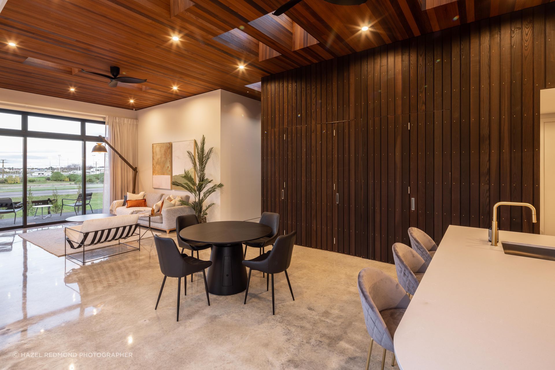 Thermory Ash vertical shiplap is ideal for an interior cladding because it doesn't contain any chemicals. This project was built by Design Builders, Hawke's Bay. Image credit: Hazel Redmond.