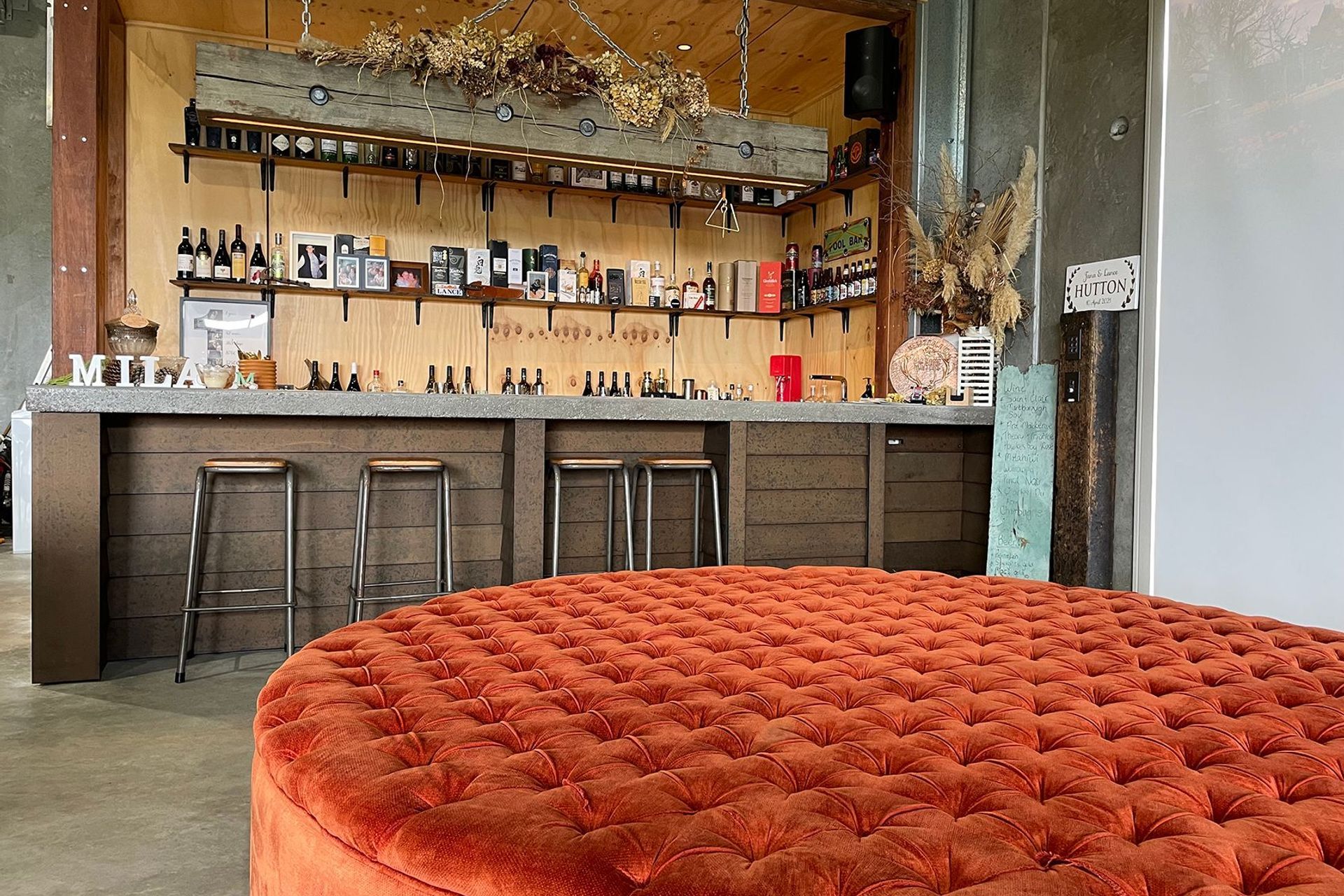 This image and below: a shed bar project by Hutton Builders features this leather-look TGV Lining treated with WOCA oil to create the rustic, textured look.