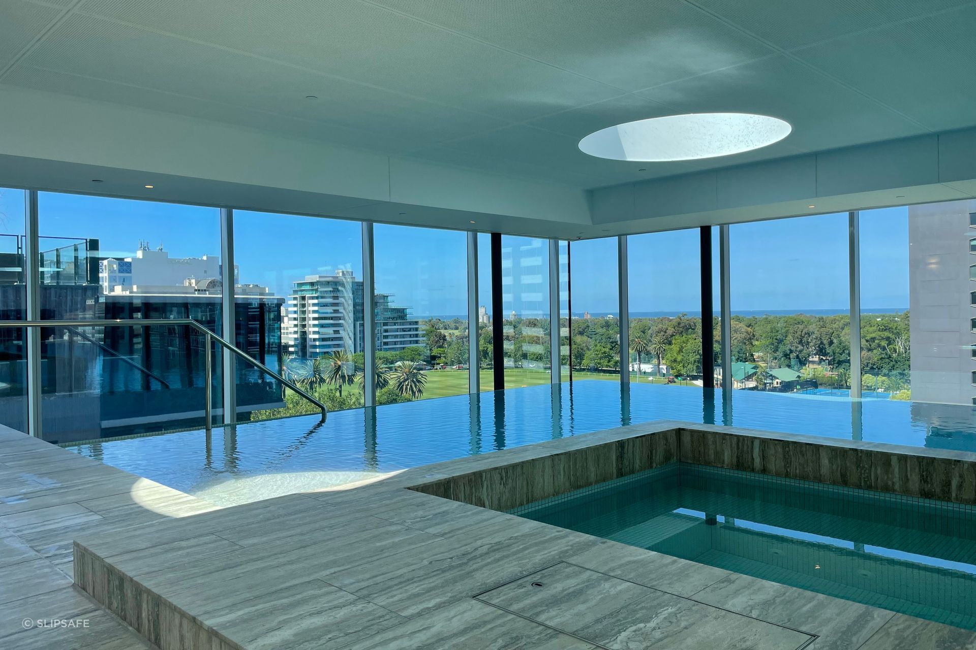 SwissGrip was applied to floor surrounding this indoor pool.
