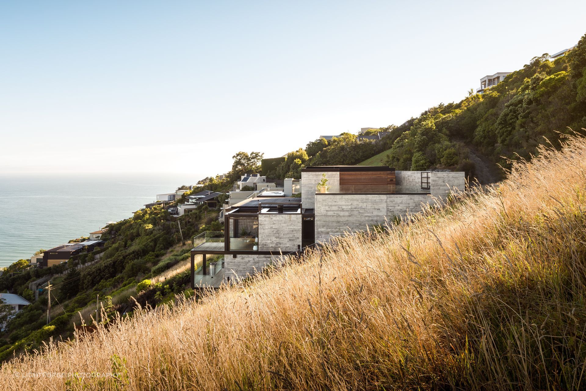 This Christchurch home overlooking the sea is constructed entirely in in-situ concrete due to access issues to the site.