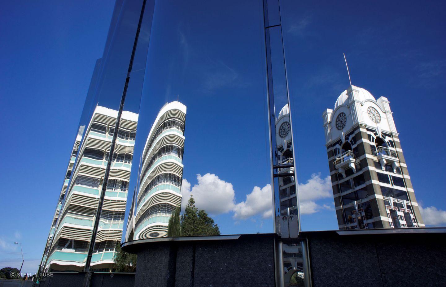 The façade references Lye's own innovations in kinetics and light.