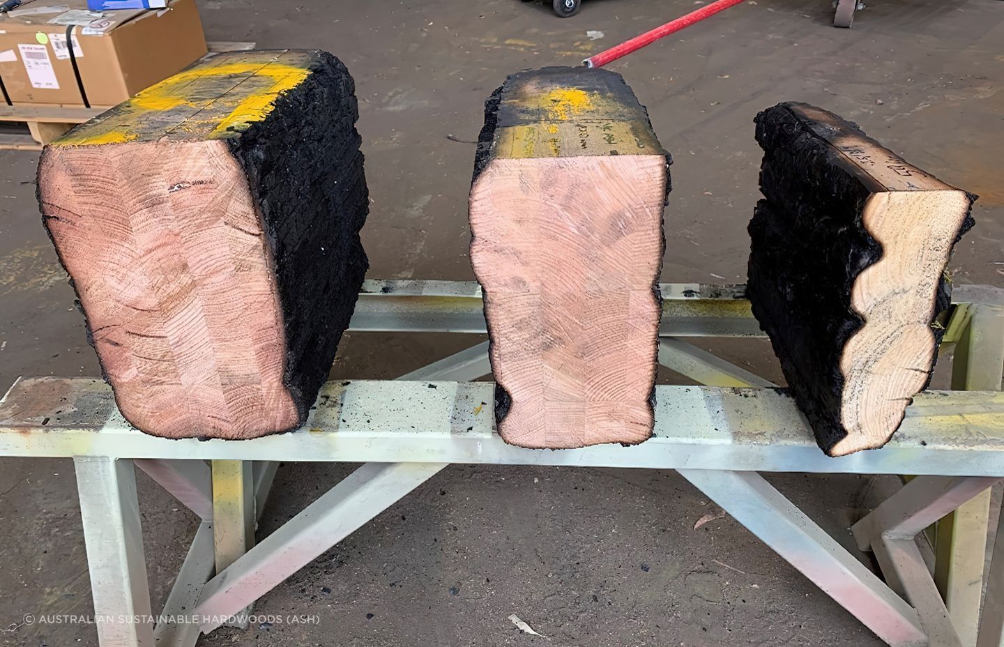 Figure 1: Grey Gum (Left), Tasmanian Oak/Victorian Ash (Middle) & Radiata Pine (Right) MASSLAM components after undergoing a 120-minute ‘loaded’ beam fire test.