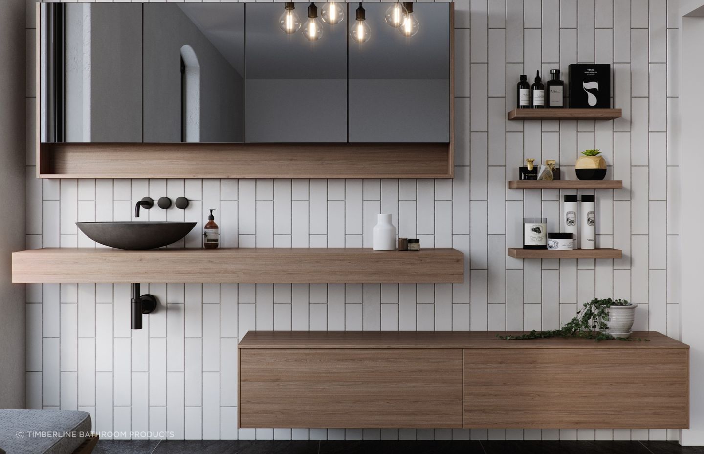 The unique Milan Vanity features a sleek, floating vanity top paired with a separate storage cabinet, offering tremendous design versatility and potential.