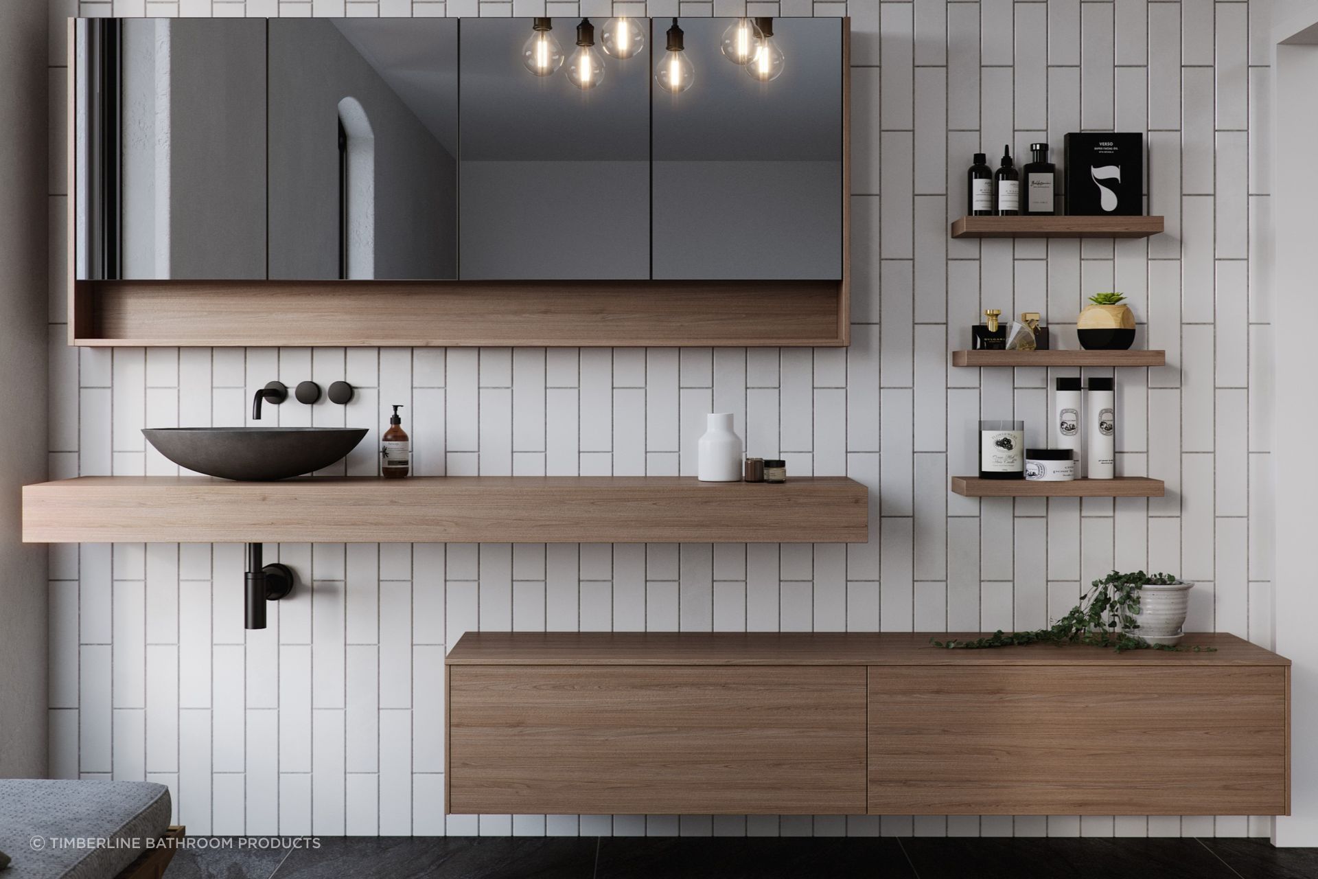 The unique Milan Vanity features a sleek, floating vanity top paired with a separate storage cabinet, offering tremendous design versatility and potential.