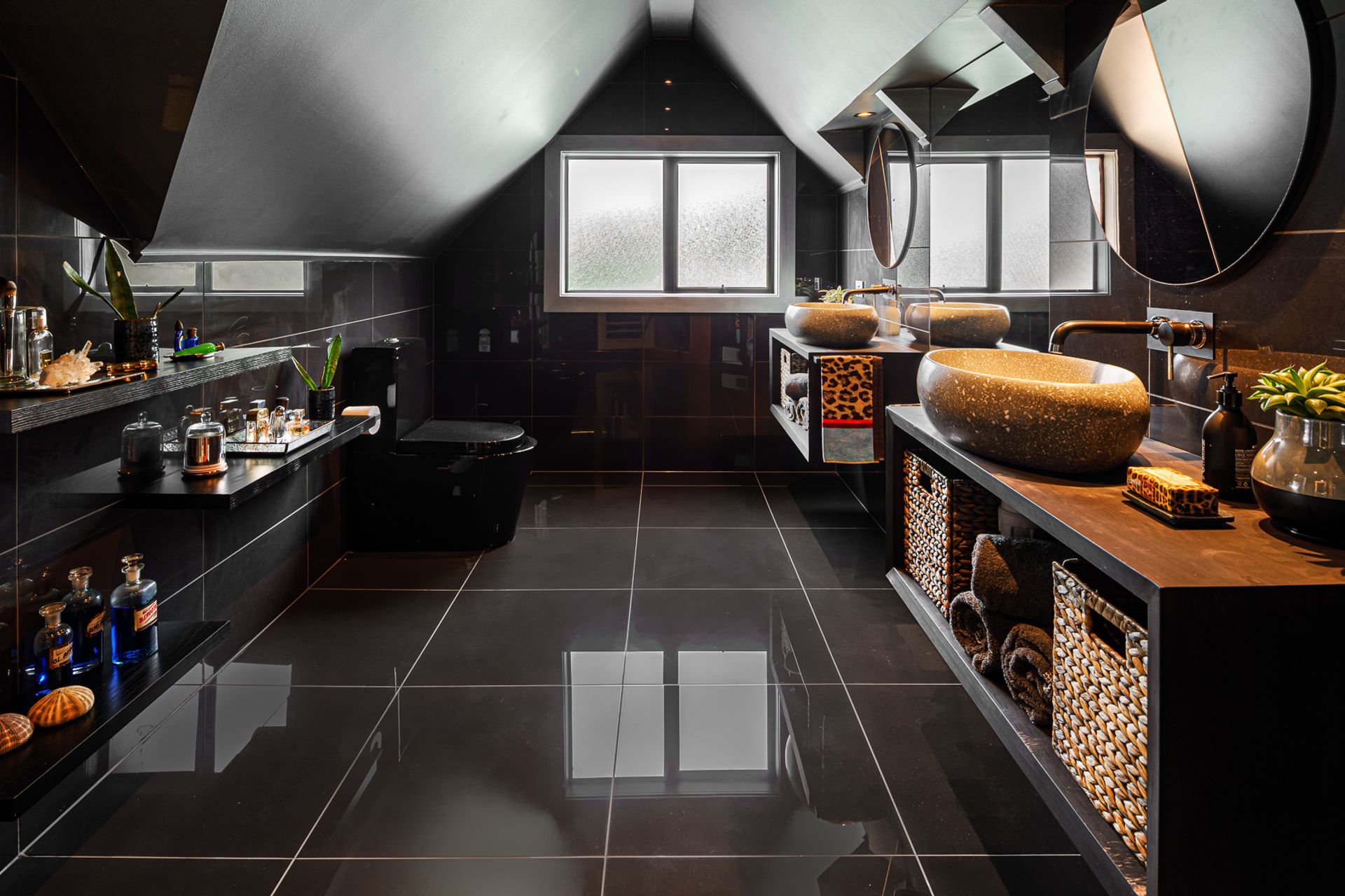 Plenty of playful patterns and textures to enjoy in this bathroom in Miramar, Wellington.