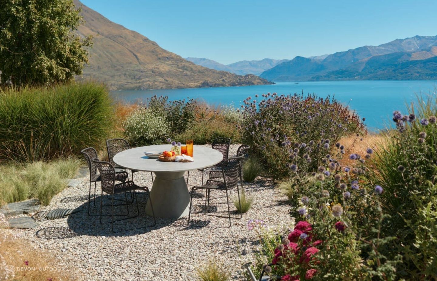 Inspired by Moke Lake in Queenstown, the Moke Dining Table offers a cool, contemporary take on alfresco dining.